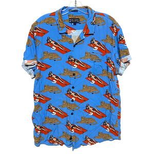 Baja Llama Purrfect Woman Leopard Blue Nighthawk Button Shirt Mens L Viscose